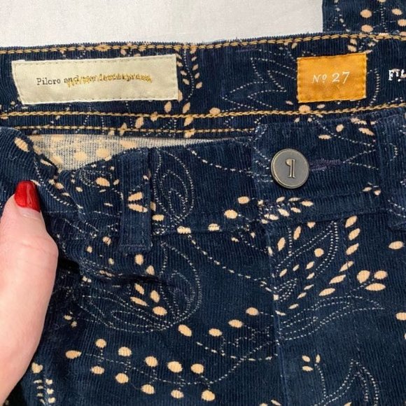 Anthro Pilcro Paisley Print Navy Blue Corduroy Skinny Jeans Serif Fit Size 27 - Picture 6 of 11
